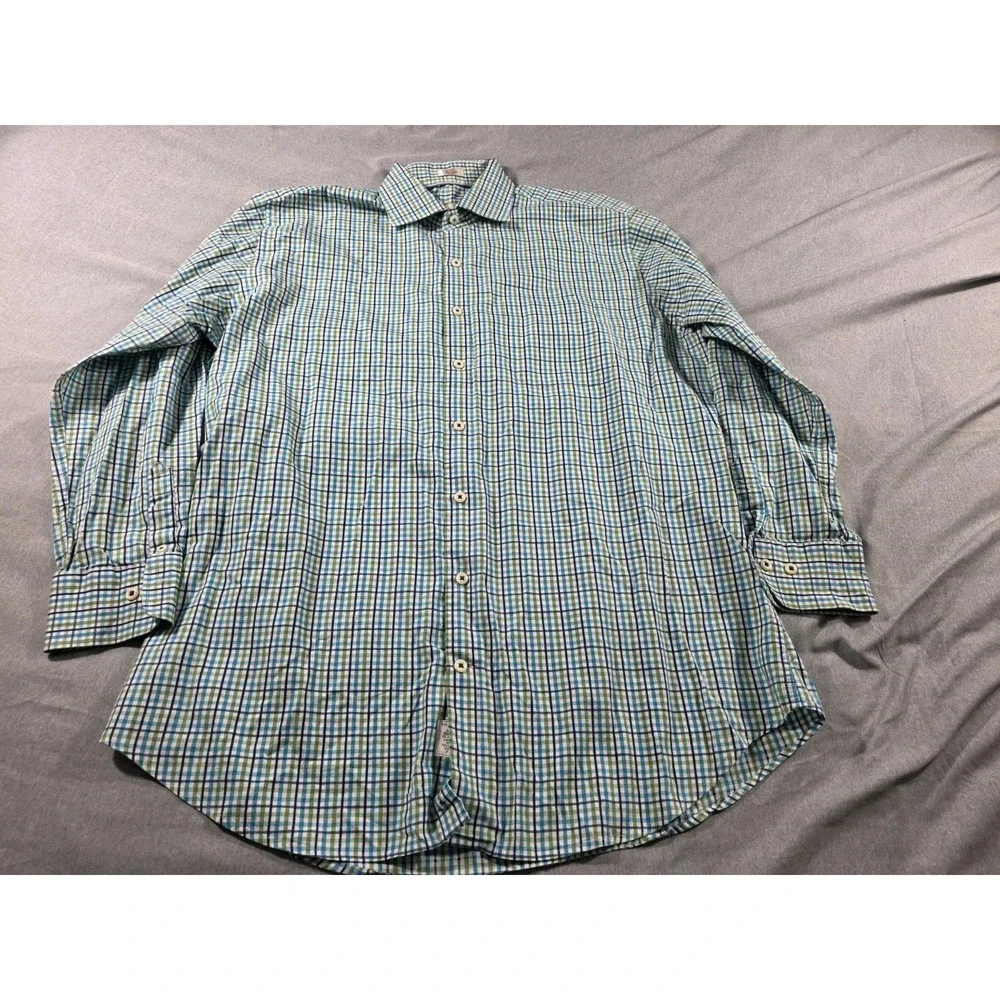 Peter‎ Millar Shirt Mens Large Blue Green Button Up L/S Plaid Casual Preppey